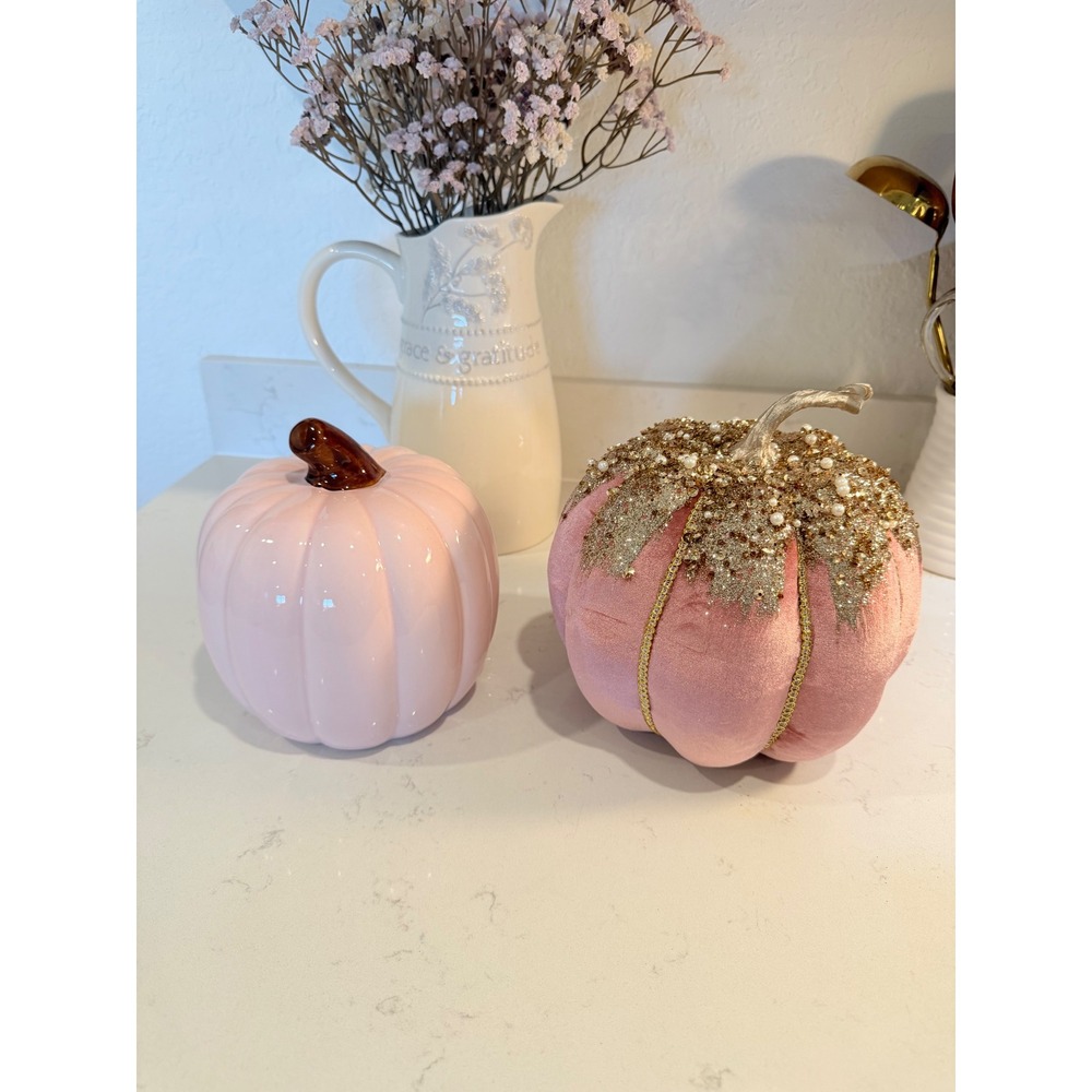 Pink Ceramic and Velvet Glam Decorative Pumpkin Set Gold Sequin Pearl Accents - Picture 2 of 7